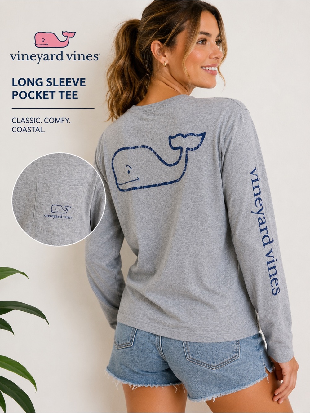 Vineyard Vines Gray Long Sleeve Pocket Tee Whale Graphic Size Large